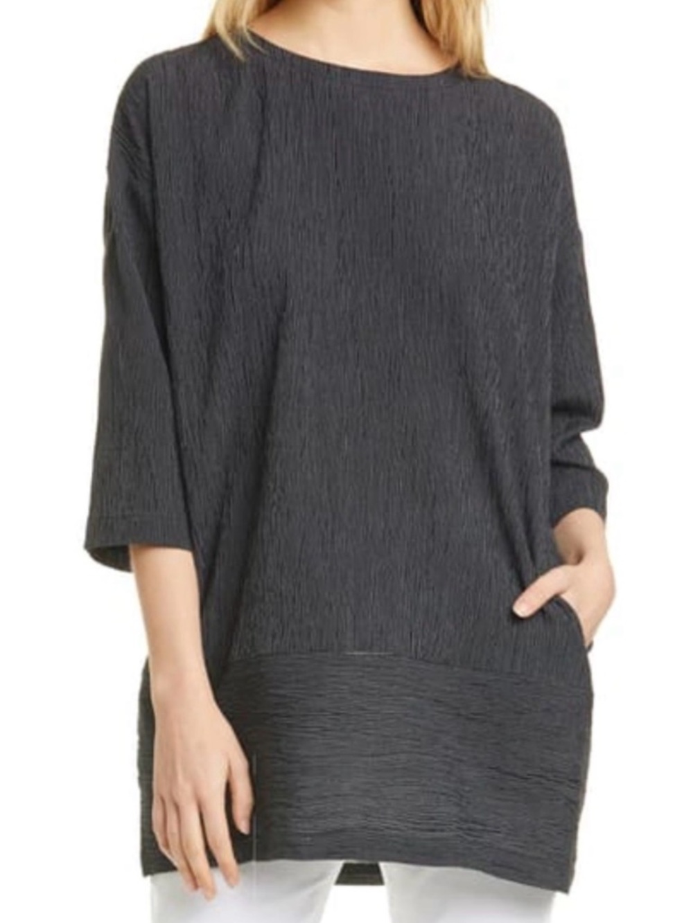 Eileen Fisher Organic Cotton Blend Oversized Textured Tunic Top - Charcoal